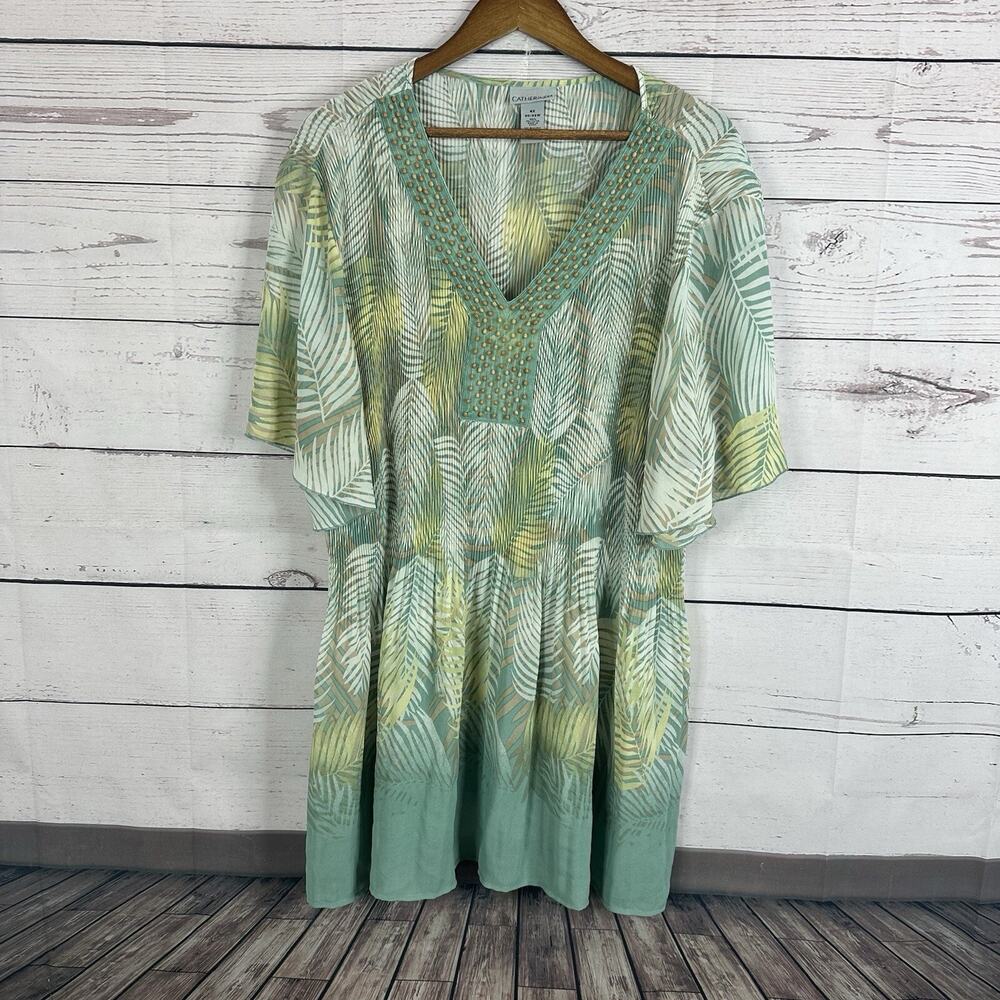 Catherines Top Shirt Women 4X Green Tunic Pleated Flowy Art Leaf Tropical Beaded